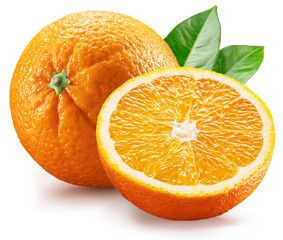 Wall Mural - Orange fruits with leaves and orange slices isolated on a white background. Clipping path.