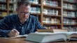 © Nany - An adult studying a book, taking notes in a quiet library