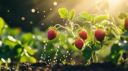 Wall Mural - Strawberry plant with ripe berries getting watered in the morning sun