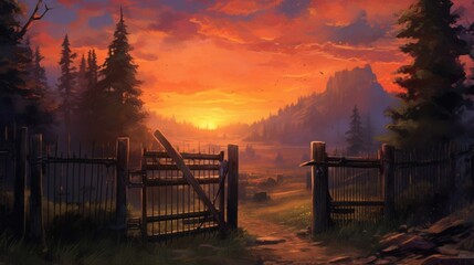 a painting of a gate with a sunset in the background