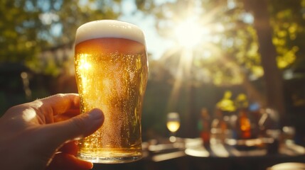Poster - A dynamic image of a frothy beer being enjoyed at a summer barbecue, with the glass held up against a sunny outdoor background, capturing the casual and refreshing vibe.