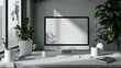 © Izzain - A modern home office with a clean, minimalist design. A white computer with a blank screen is the centerpiece, surrounded by plants, a notebook, and a mug.