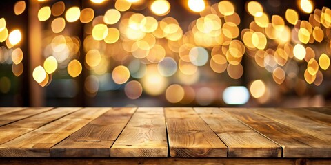 Poster - Empty wooden table with blurred background featuring bokeh lights