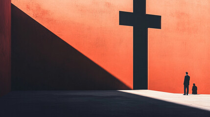 Wall Mural - Minimalistic Christian background for church religious designs. Cross on abstract background and man