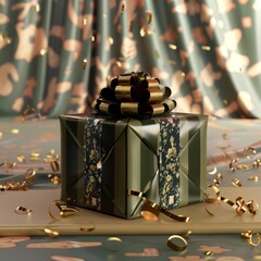 Poster - A beautifully wrapped gift box with a gold bow, surrounded by confetti.