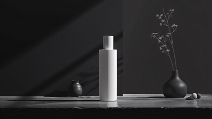 Aufkleber - Minimalist Still Life with White Bottle  Black Vase and Dried Flowers on Wooden Tabletop