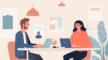 Poster - Business Meeting  Two People Working on Laptops  Office Interior