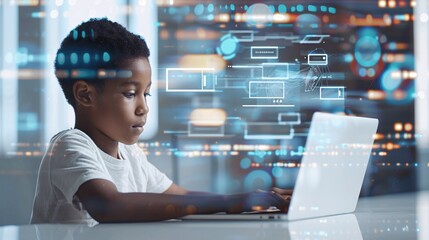 Poster - Young Boy Using Laptop With Futuristic Interface