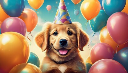 Wall Mural - Whimsical illustration of Golden Retriever puppy floating among balloons with cupcake-adorned hat.