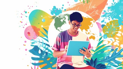 Poster - Young Man Using Tablet In Front Of World Map And Colorful Abstract Design