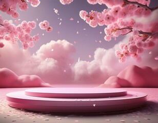 Wall Mural - Whimsical pink scene with cloud-shaped podium and falling sakura petals.