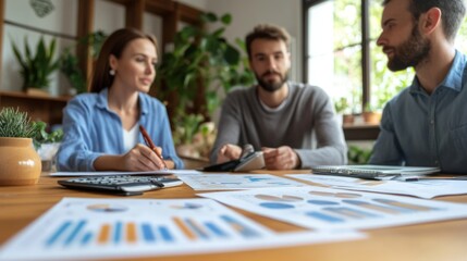 Fototapete - A financial advisor presenting investment options to a couple with financial charts and documents on the table, capturing the essence of personalized financial planning.