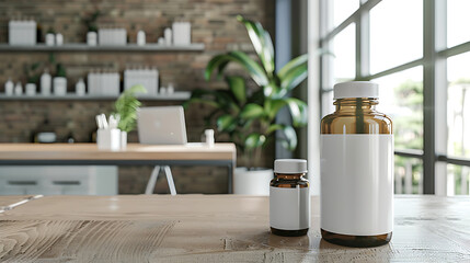 Two amber glass bottles with blank labels sit on a wooden table in a modern office setting.