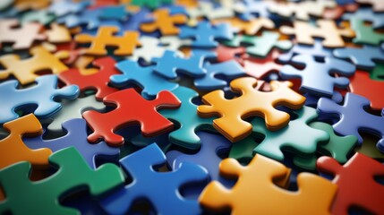 Poster - A group of puzzle pieces coming together, representing the concept of teamwork, collaboration, and the integration of different ideas.