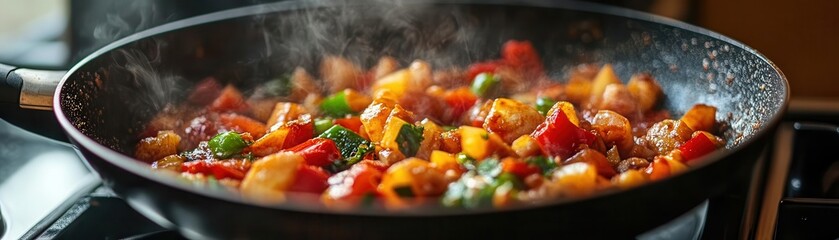 Frying pan with sauteed vegetables cooking on a stovetop