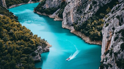 Canvas Print - A boat travels through a turquoise canyon.