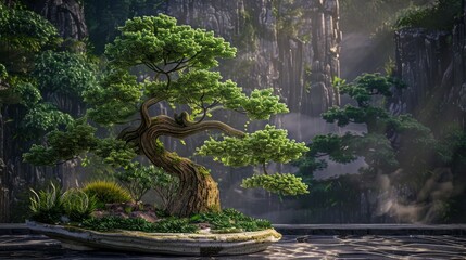 Poster - A bonsai tree in a zen garden setting with lush greenery and rocky cliffs in the background.