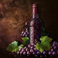 Sticker - A bottle of red wine with grapes and water droplets.