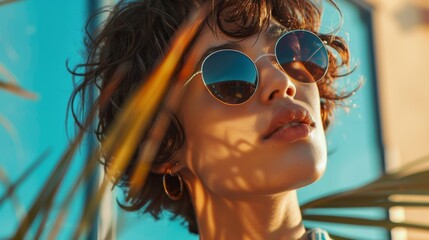 Wall Mural - portrait of a beautiful woman with sunglasses on a beach sunset