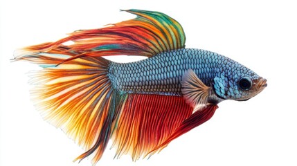 Poster - A high-resolution close-up of a betta fish with a bright, multicolored tail, against a pure white background, emphasizing the fish vivid colors and textures.