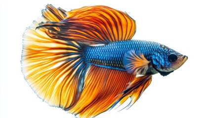 Poster - A high-resolution image of a betta fish swimming gracefully with its fins spread wide, showcasing its intricate patterns and vivid colors against a white backdrop.
