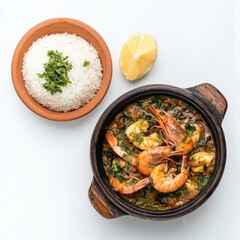 Canvas Print - A bowl of shrimp curry with rice and a lemon wedge.