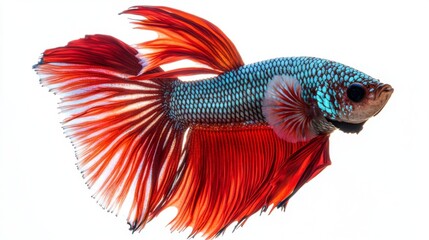 Poster - A high-resolution image of a betta fish swimming gracefully with its fins spread wide, showcasing its intricate patterns and vivid colors against a white backdrop.