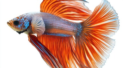 Poster - A high-resolution image of a betta fish swimming gracefully with its fins spread wide, showcasing its intricate patterns and vivid colors against a white backdrop.
