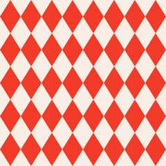 Seamless abstract geometric pattern of red diamonds in a row on a light background, harlequin motifs, flat style