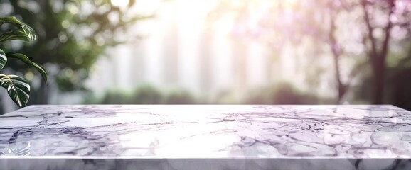 Poster - This white stone marble table top and blurred abstract background can be used to display or montage your products.