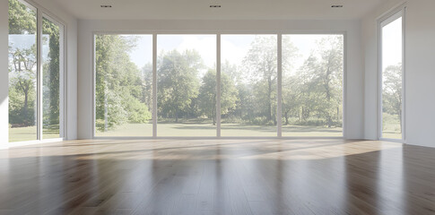 Empty High Ceiling Room with White Big Windows, Wooden Floor and White Walls interior design mock up