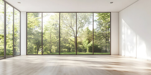 Empty High Ceiling Room with White Big Windows, Wooden Floor and White Walls interior design mock up