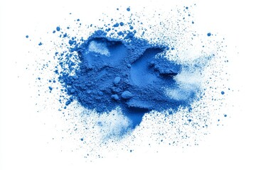 The explosion of blue dust on a white background. The freezing motion of blue powder flashes. Painted Holi scene with blue powder splashes.