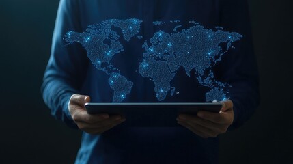 Poster - a hand is grasping a tablet featuring a world map illuminated against a dark blue background, emphas