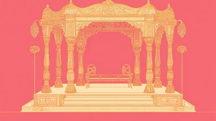 A vibrant outline  illustration of a traditional Indian wedding mandap, showcasing intricate details and ornate design elements.  The mandap symbolizes love, commitment, and the sacred union of two so