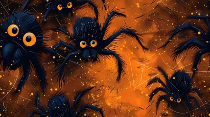 A seamless cartoon pattern of friendly-looking spiders with big eyes, crawling across a dark orange background, with small webs and dotted trails creating a whimsical design. --ar 16:9 --v 6.0 --tile