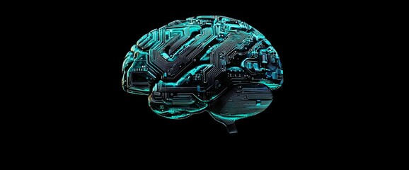 Poster - an illustration of a human brain on a background of technology represents the idea of cyber space an