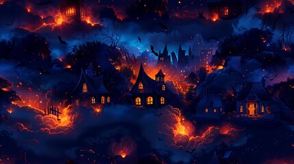 A seamless cartoon pattern of haunted houses with broken windows and tilted roofs, surrounded by swirling fog, fluttering bats, and eerie glowing clouds, set against a deep blue night sky.