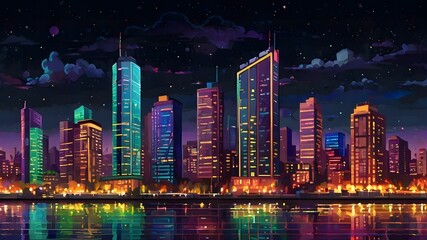 A pixel art view of a bustling city at night. Skyscrapers with illuminated windows rise into the dark sky