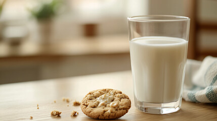 Milk and Cookies on Wooden Table