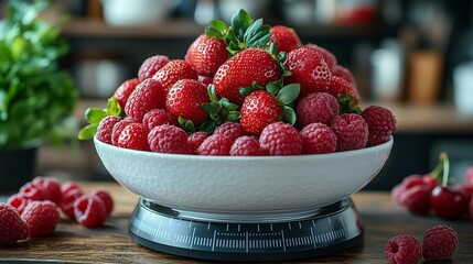 Measuring cup with ripe strawberries and raspberries