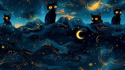 A seamless cartoon pattern of playful black cats perched on broomsticks, with swirling wind patterns, stars, and crescent moons scattered throughout a dark blue night sky. --ar 16:9 --v 6.0 --tile