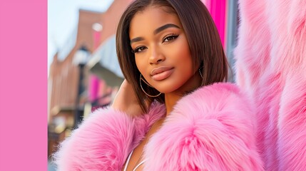 Wall Mural - A woman in a pink fur coat poses for the camera. She has her hair pulled back and is wearing a gold hoop earring. young caribbean female, in her early 30s,