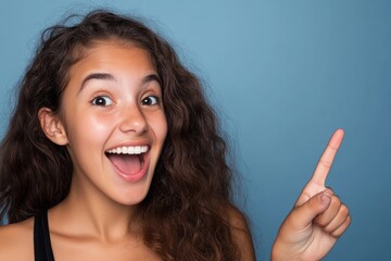 Angry young woman pointing at an isolated blue background