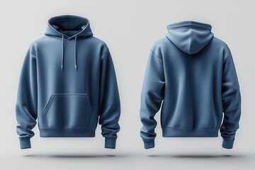 versatile apparel mockup front and back views of a blank blue hoodie suspended in midair against a clean white background for design showcase