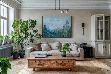 Wall Mural - Modern Scandinavian living room with design furniture, plants, bamboo bookstand, and wooden desk. Brown wooden parquet. Abstract painting on white wall. Beautiful apartment.