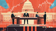 © Naru - An illustration depicting the US Capitol Building with four figures representing different stakeholders in fiscal policy. The illustration symbolizes economic growth, political debate, government spen