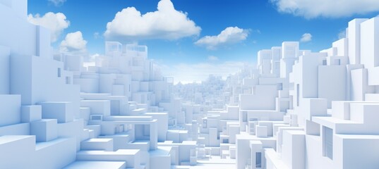 Poster - A vast, abstract landscape of white geometric shapes under a bright blue sky with scattered clouds in mid-afternoon