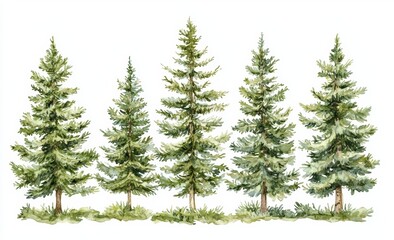 Wall Mural - Hand drawn watercolor coniferous forest illustration, spruce. Winter nature, holiday background, conifers, snow, outdoor, snowy rural landscape.