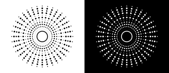 Sticker - Art sun background. Icon template or logo with halftone dotted lines. Black shape on a white background and the same white shape on the black side.